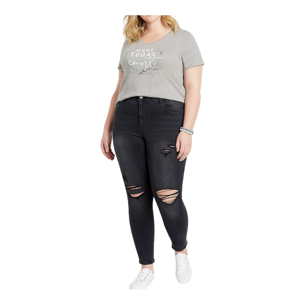 MAURICE'S BLACK DISTRESSED JEGGINGS VINTAGE HIGH RISE RIPPED JEANS SIZE … - Picture 2 of 12